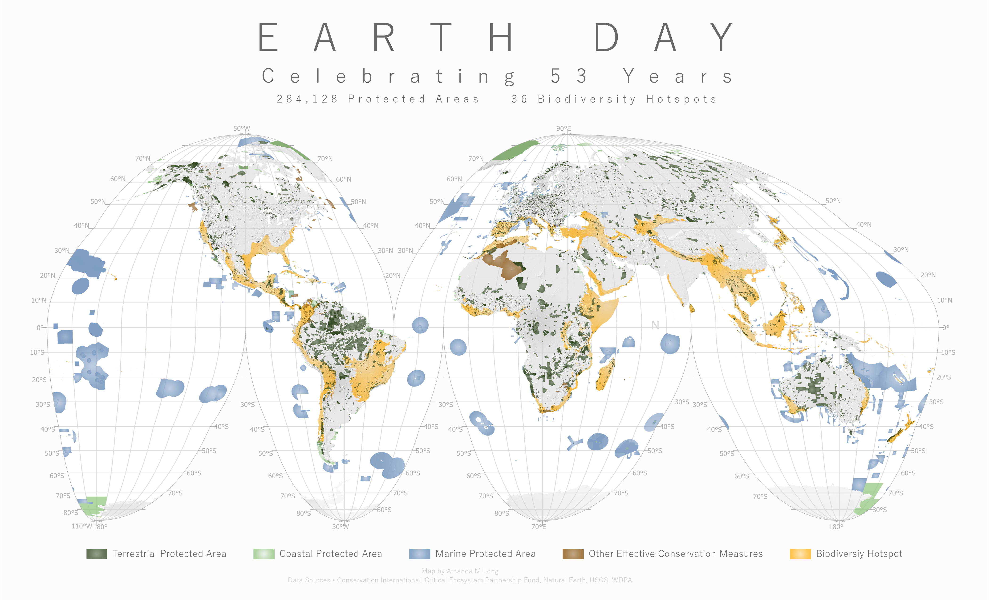 World map of
                    		284,128 Terrestrial, Marine, and Coastal Protected Areas and 38 Biodiversity Hotspots
                    		to celebrate 53 years of Earth Day.